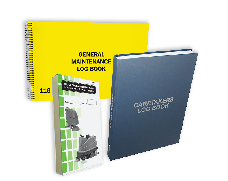 caretaker log books with blue and yellow covers