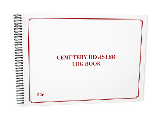 Cemetery Register Log Book #526 Front Cover - A white spiral-bound notebook titled "CEMETERY REGISTER LOG BOOK," displayed against a white background.