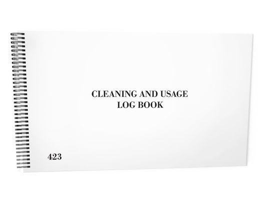 Cleaning and Usage Log Book #423 Front Cover - A white spiral-bound notebook titled "CLEANING AND USAGE LOG BOOK", displayed against a white background.