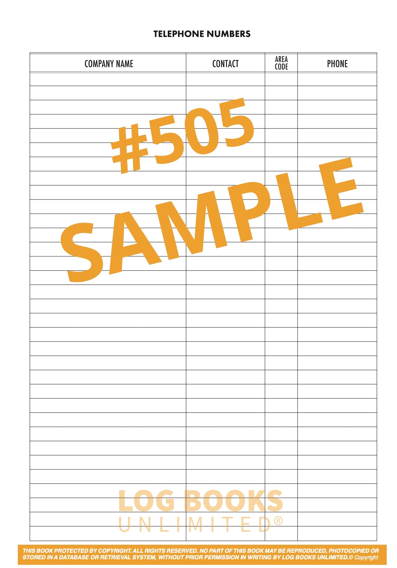 Construction & Maintenance Daily Log Book #505 Sample Page: A blank template featuring columns for company name, contact, area code, and phone.