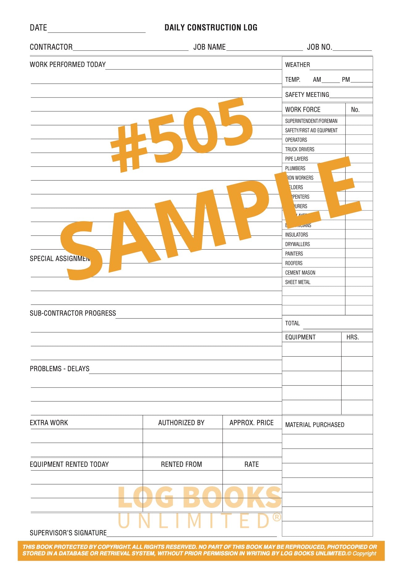Construction & Maintenance Daily Log Book #505 Sample Page Front