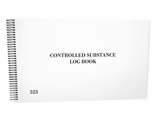 Controlled Substance Laboratory Log Book #523 Front Cover - A white spiral-bound notebook titled "CONTROLLED SUBSTANCE LOG BOOK" displayed against a white background.