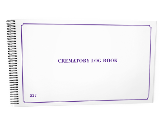 Crematory Log Book #527 Front Cover - A white spiral-bound notebook titled "CREMATORY LOG BOOK", displayed against a white background.
