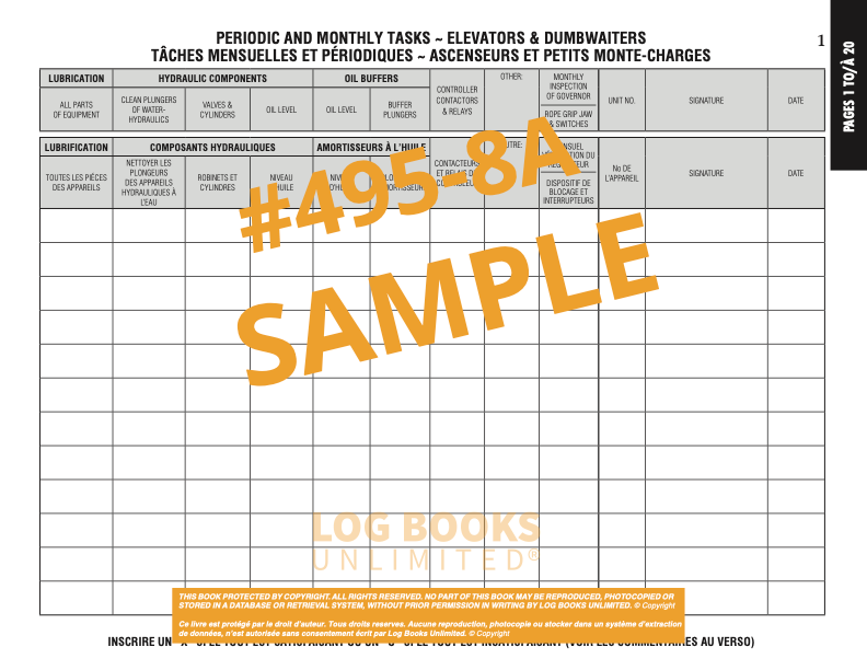 Elevating Devices Maintenance Log Book #495-8A Sample Page
