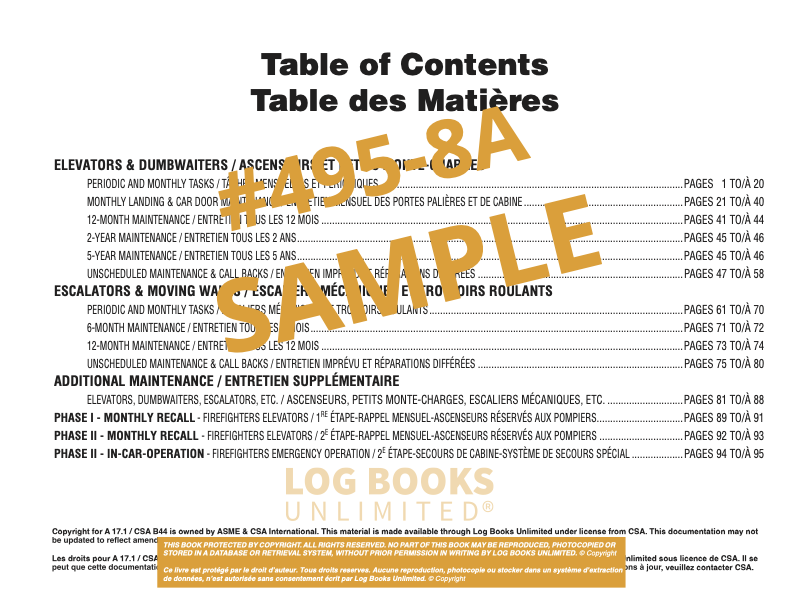 Elevating Devices Maintenance Log Book #495-8A Table of Contents