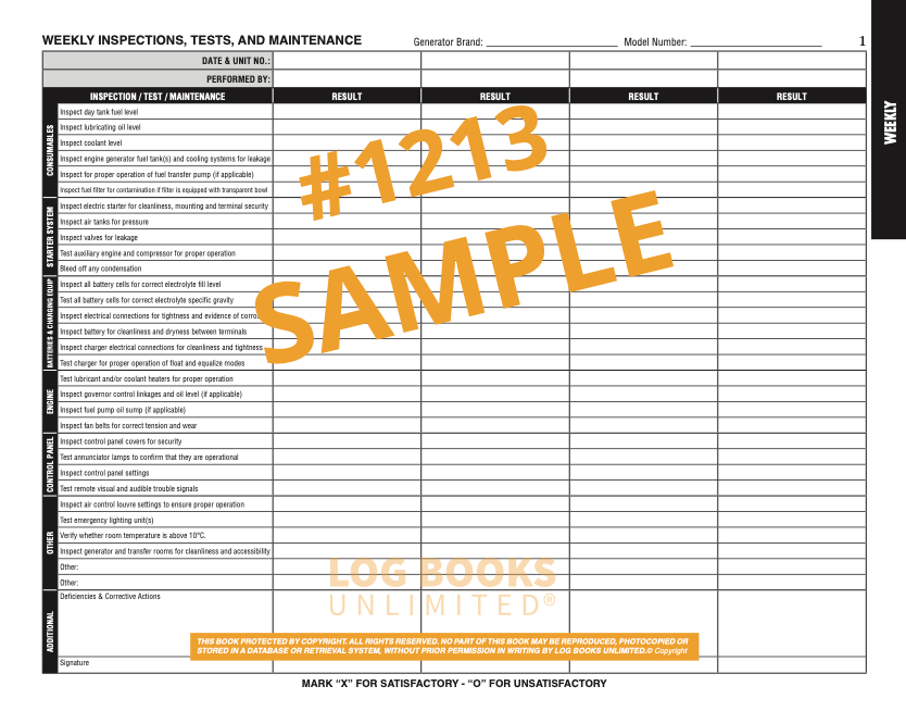 Emergency Generator Log Book #1213 Sample Page