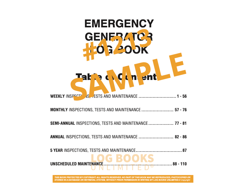 Emergency Generator Log Book #1213 Table of Content
