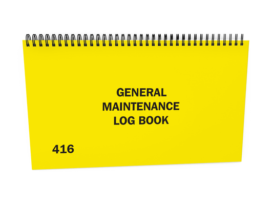 Equipment Maintenance Log Book - Pocket Size #416 Front Cover - A yellow spiral-bound notebook titled "GENERAL MAINTENANCE LOG BOOK," displayed against a white background.