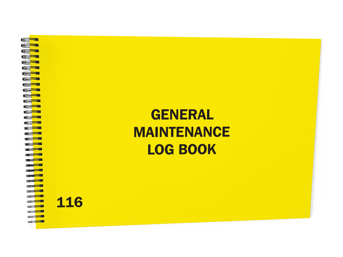 Equipment Maintenance Log Book #116 Front Cover- A yellow spiral notebook labeled "GENERAL MAINTENANCE LOG BOOK" is shown against a white background.