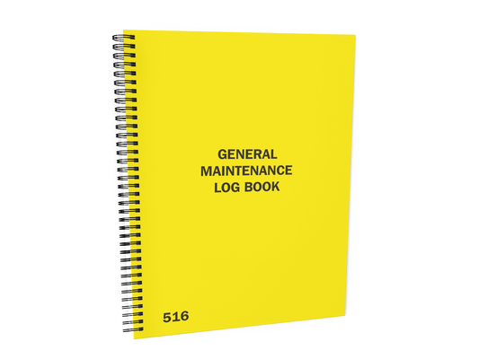 Equipment Maintenance Log Book #516 Front Cover - A yellow spiral-bound vertical notebook titled "GENERAL MAINTENANCE LOG BOOK", displayed against a white background.