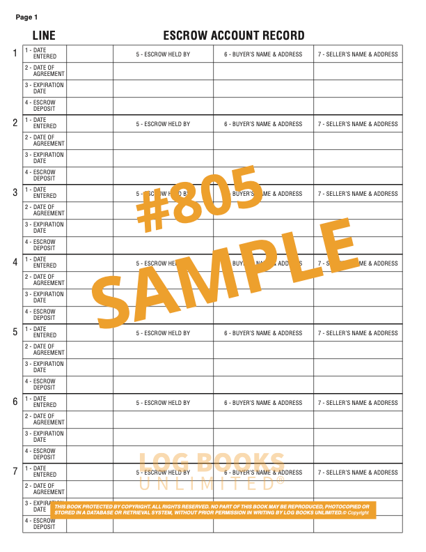 Escrow Record of Buyer and Seller Log Book #805 Sample Page 1 