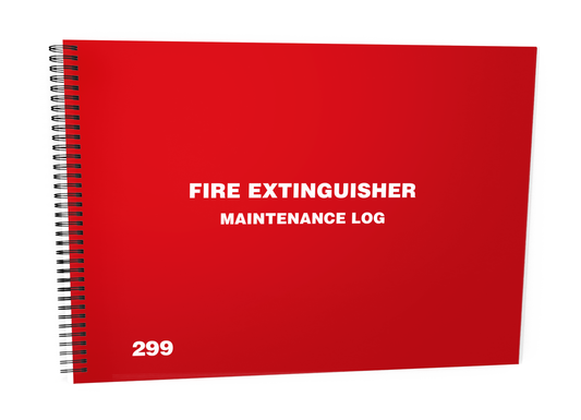Fire Extinguisher Log Book #299 Front Cover - Red spiral-bound notebook titled "FIRE EXTINGUISHER MAINTENANCE LOG", displayed against a white background.