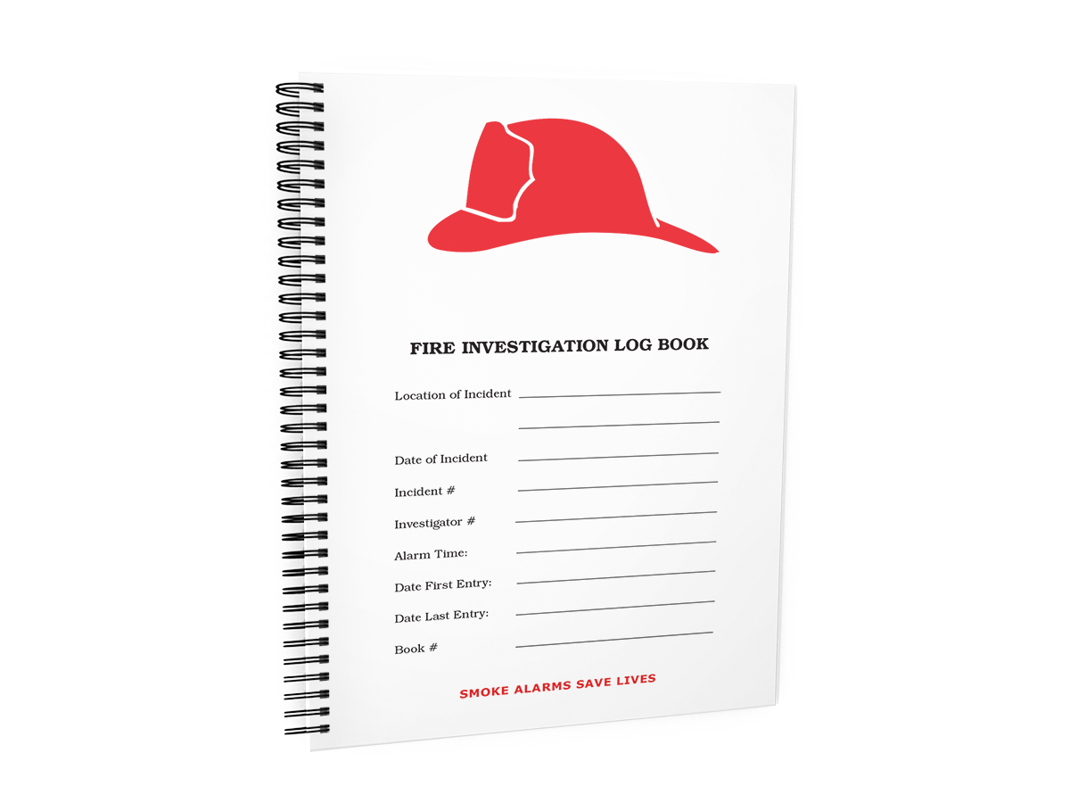 Fire Investigation Log Book #F108 Front Cover - A white spiral-bound notebook titled "FIRE INVESTIGATION LOG BOOK," featuring a red firefighter helmet illustration.