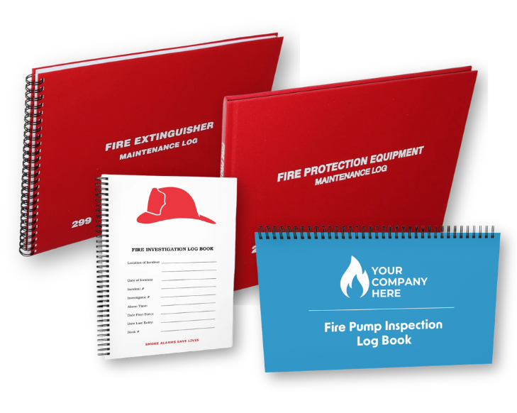 Multiple fire protection inspection log books in red, white and blue covers.