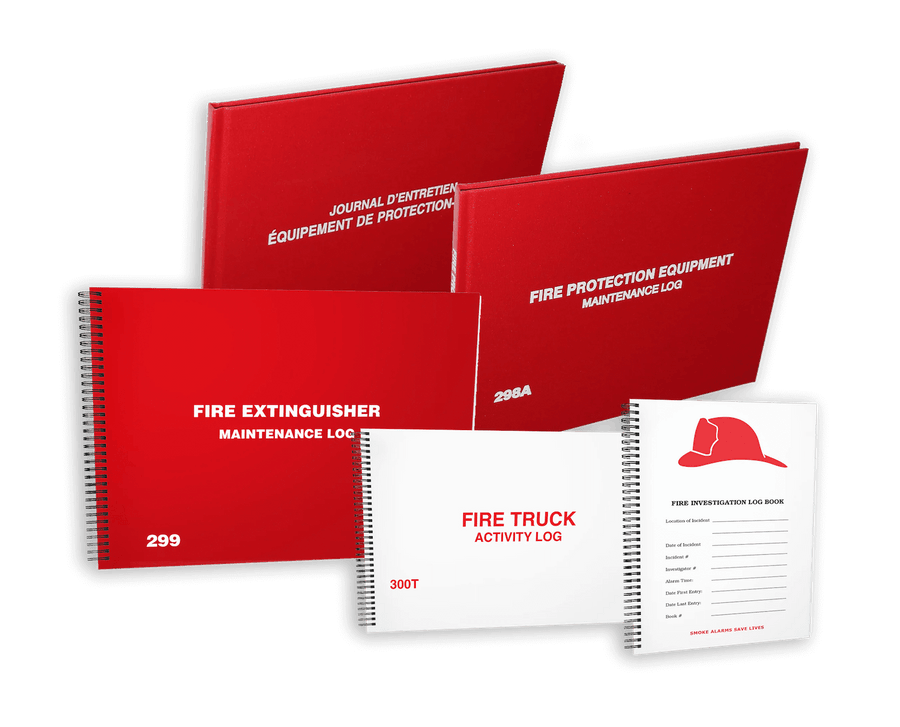 Red and white covered fire protection log books.