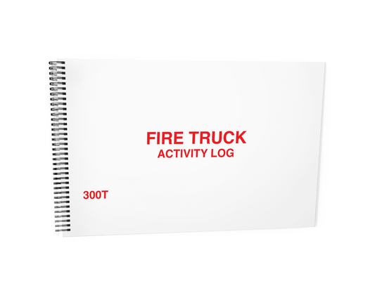 Fire Truck Activity Log Book #300T Front Cover - A white spiral-bound logbook titled "Fire Truck Activity Log" in bold red lettering.