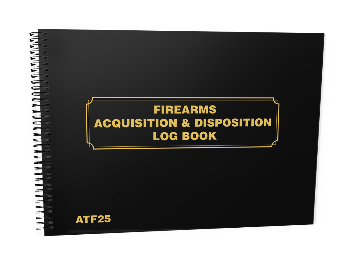 Firearms Acquisition & Disposition Log Book #ATF25 Front Cover - A black spiral-bound book titled "FIREARMS ACQUISITION & DISPOSITION LOG BOOK" in gold text. 