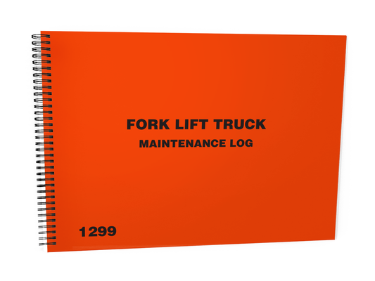 Fork Lift Truck Maintenance Log Book #1299 Front Cover - An orange spiral-bound notebook titled "FORK LIFT TRUCK MAINTENANCE LOG," displayed against a white background.