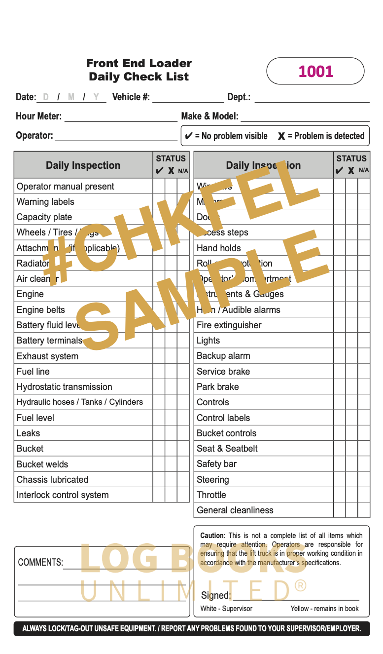 Front End Loader - Replacement Checklist #CHKFEL – Log Books Unlimited