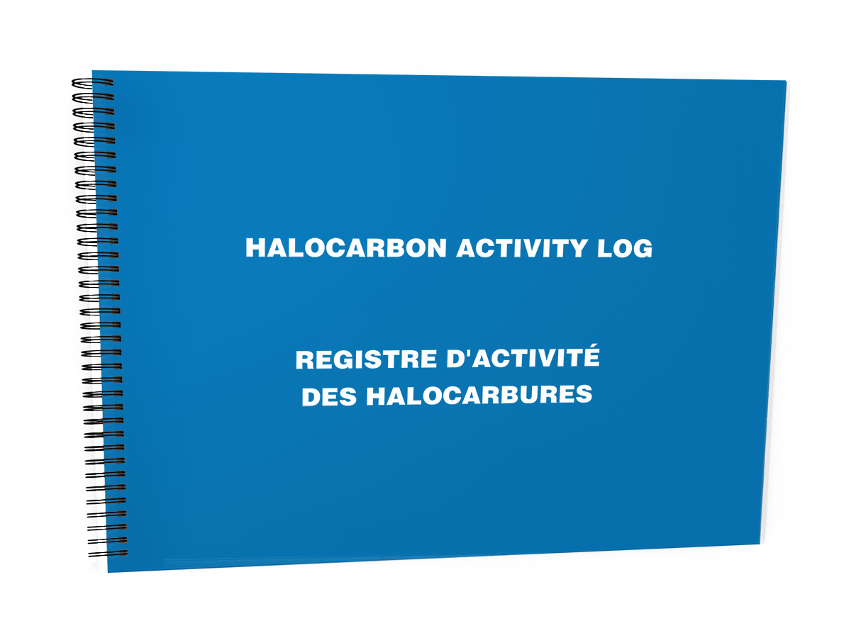Halocarbon Activity Log (Bi-lingual) #2022 Front Cover - A blue spiral-bound notebook titled "HALOCARBON ACTIVITY LOG" in English and French, displayed against a white background.