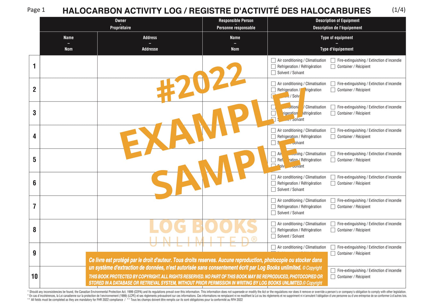 Halocarbon Activity Log (Bi-lingual) #2022