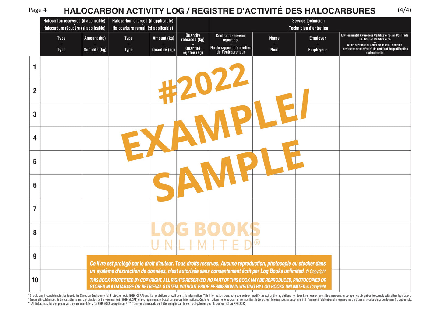 Halocarbon Activity Log (Bi-lingual) #2022