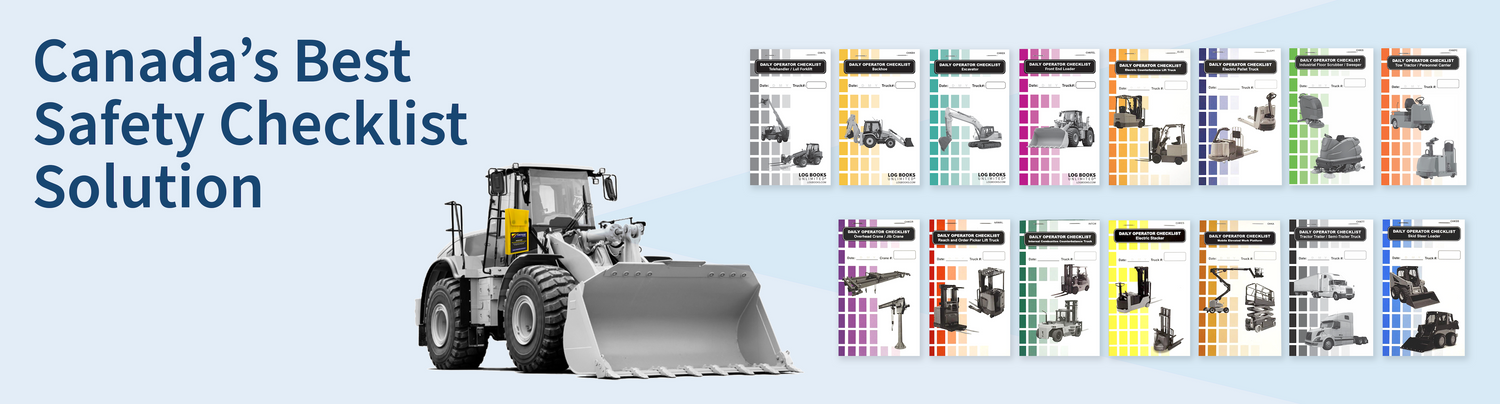 Banner promoting Canada's best safety checklist solution, featuring a construction vehicle and various checklist designs.