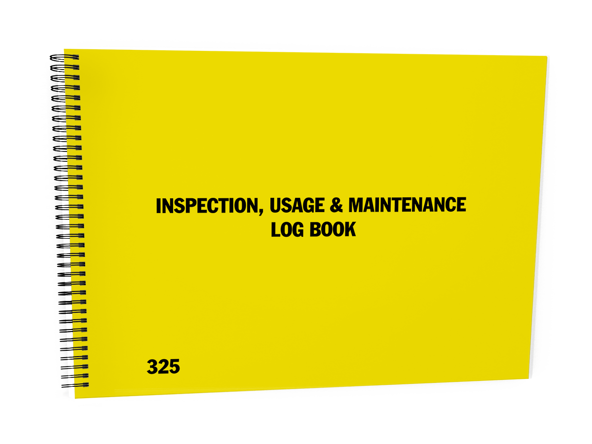 Inspection, Usage & Maintenance Log Book #325 Front Cover - A bright yellow spiral-bound log book titled "Inspection, Usage & Maintenance Log Book"