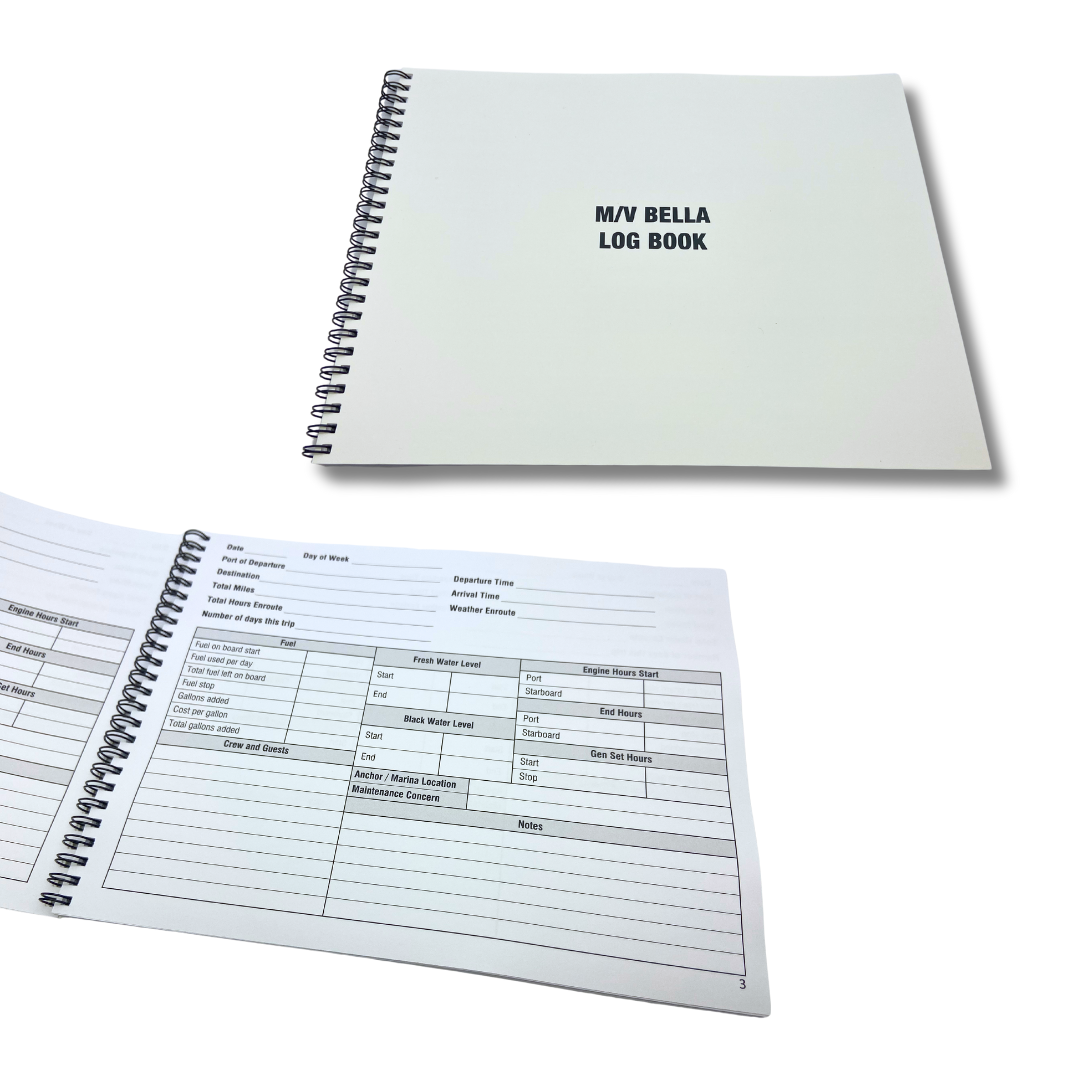 A custom-made spiral-bound log book with a clean white cover. 