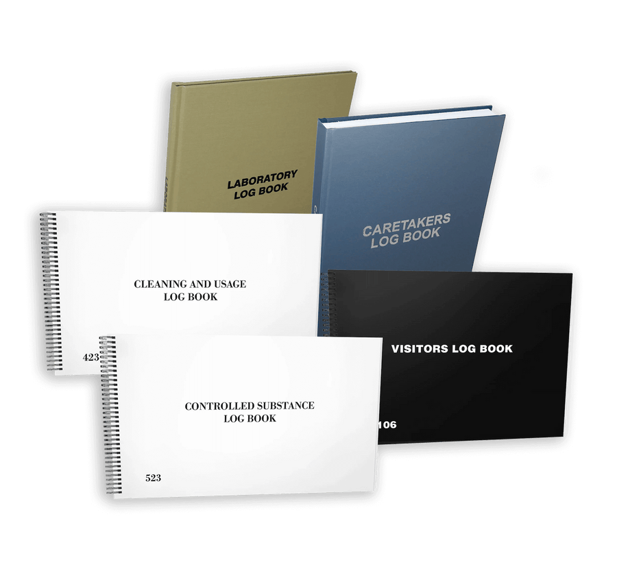 Assorted pharmaceutical log books with different colour covers.
