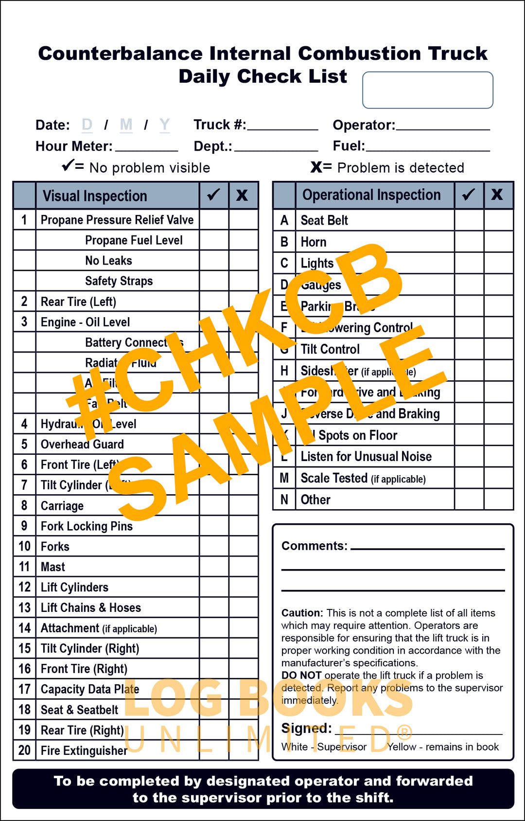 Propane Check Out Log Internal Combustion (Propane) Counterbalance Truck - Replacement Check ...