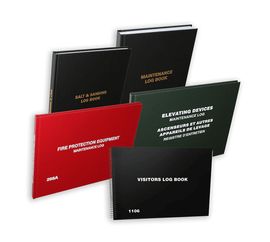 Property management log books in assorted colours.