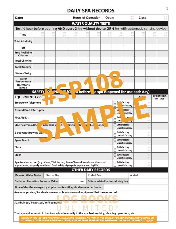 A sample daily spa record sheet
