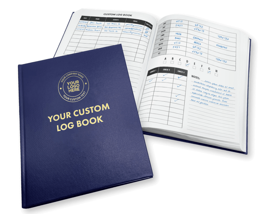 A blue facility and black construction log book.