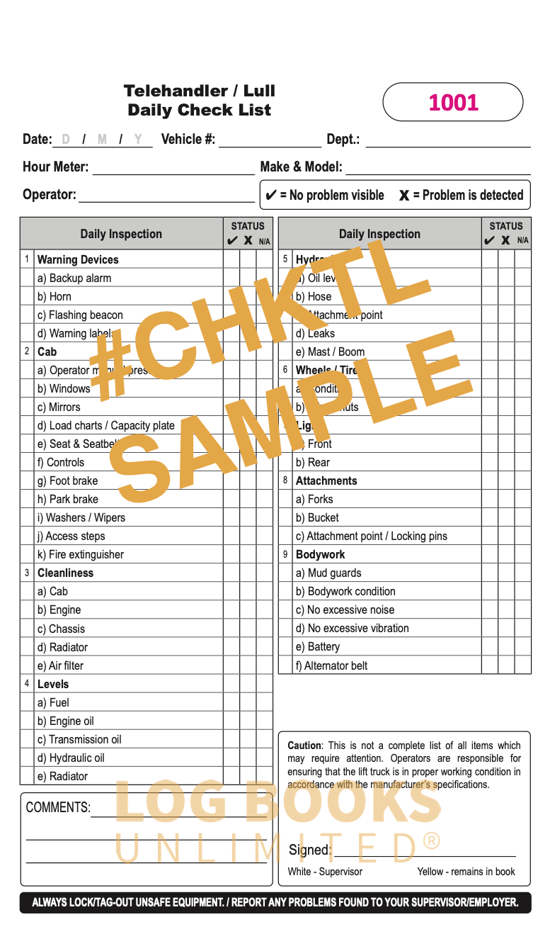 Telehandler / Lull Forklift - Replacement Checklist #CHKTL – Log Books ...