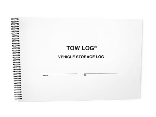 Tow Log® #424 Front Cover - A white spiral-bound notebook titled "TOW LOG VEHICLE STORAGE LOG", displayed against a white background.