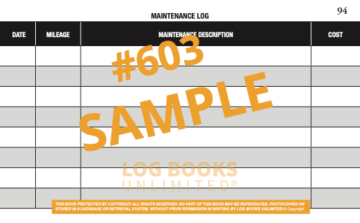 Vehicle Log Book #603 Maintenance Log
