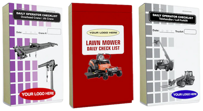 Three custom inspection checklists with different covers. A red log book is in the center.