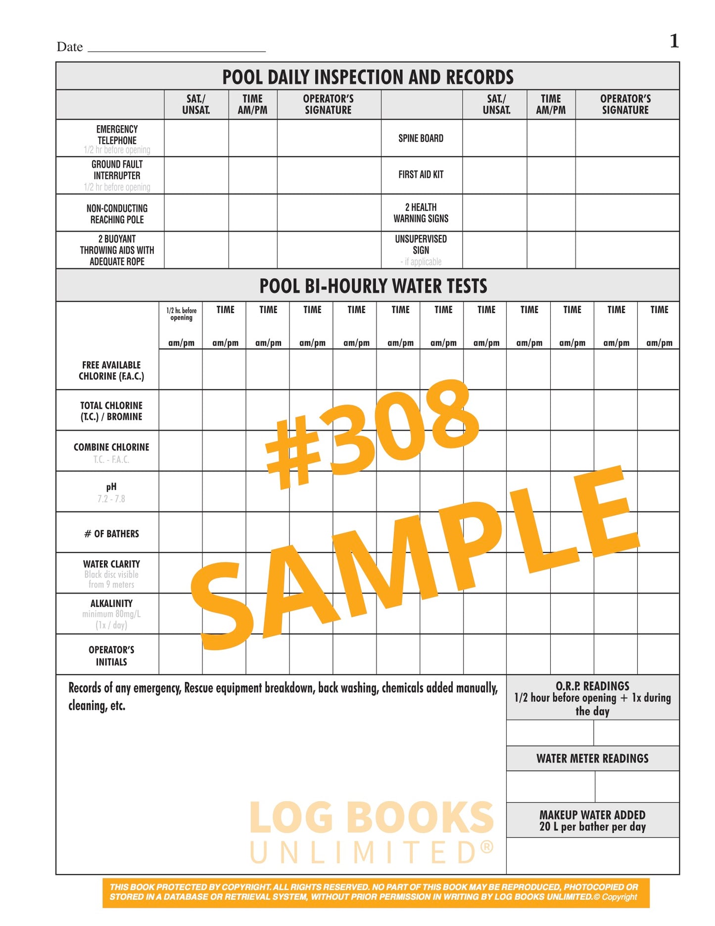 Swimming Pool Log Book #308