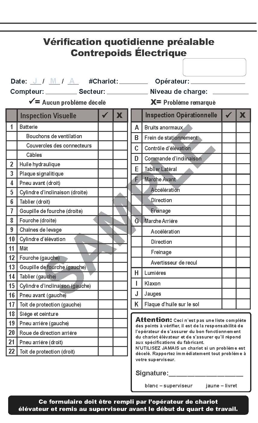 Chariot Contrepoids Électrique - carnet de listes de vérification d'inspection # CHKEFR