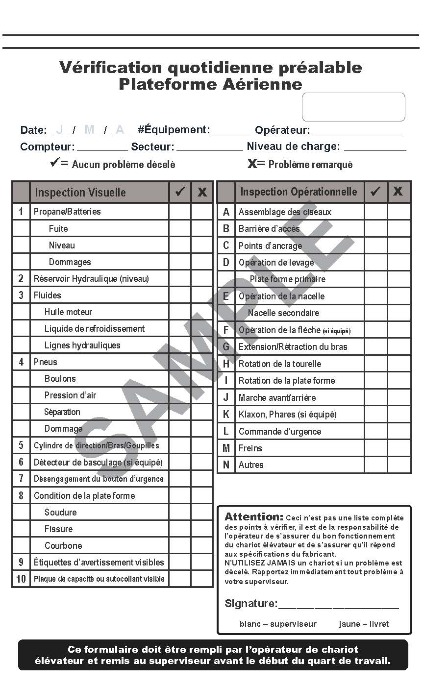 Plates-Formes Élévatrice - carnet de listes de vérification d'inspection # CHKAFR