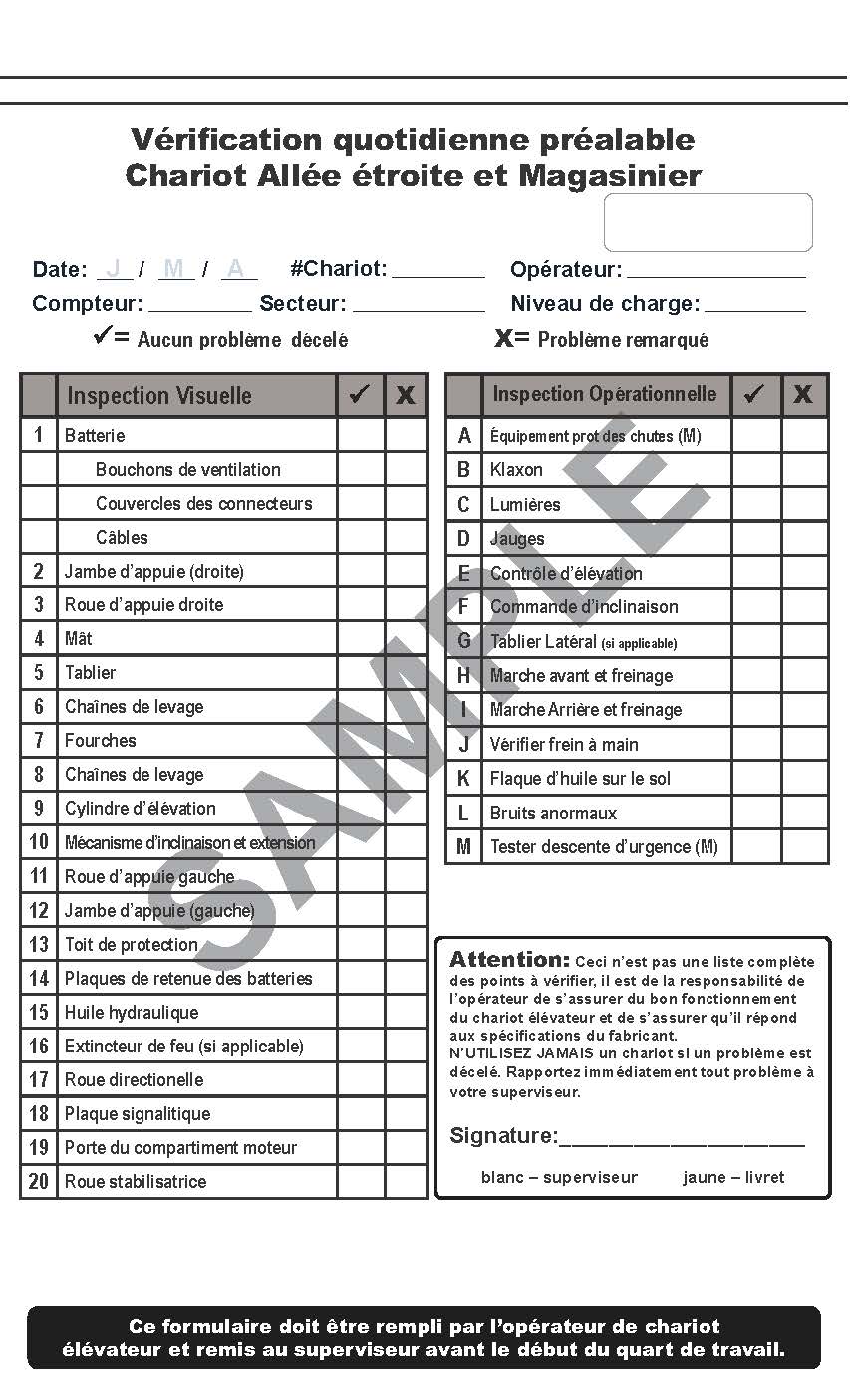 Chariot Allée étroite et Magasinier - carnet de listes de vérification d'inspection # CHKNFR