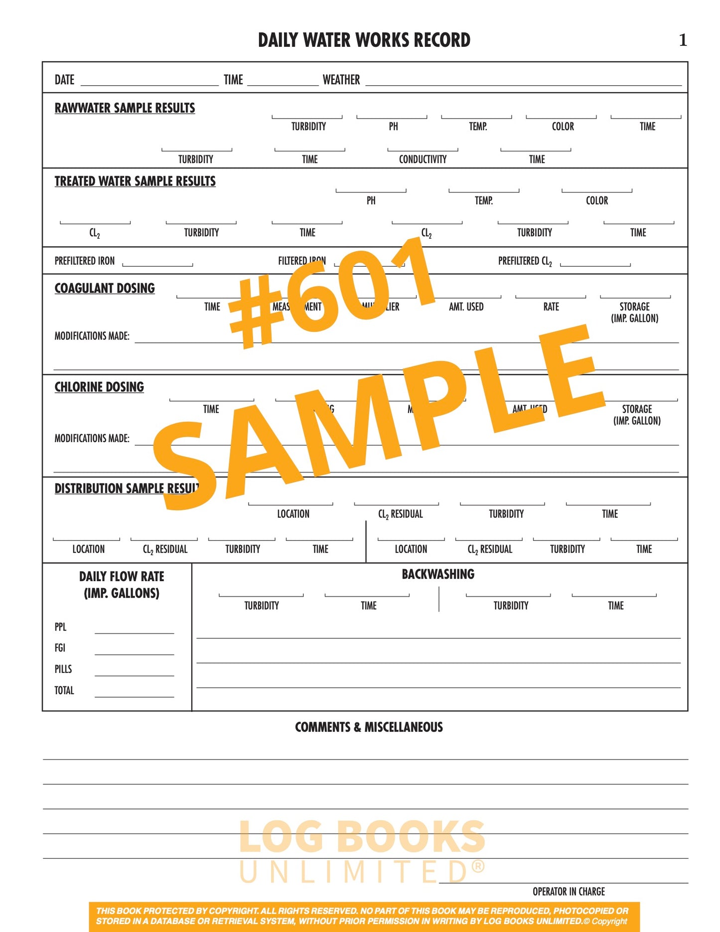 Daily Waterworks / Water Treatment Log Book #601 Sample Page