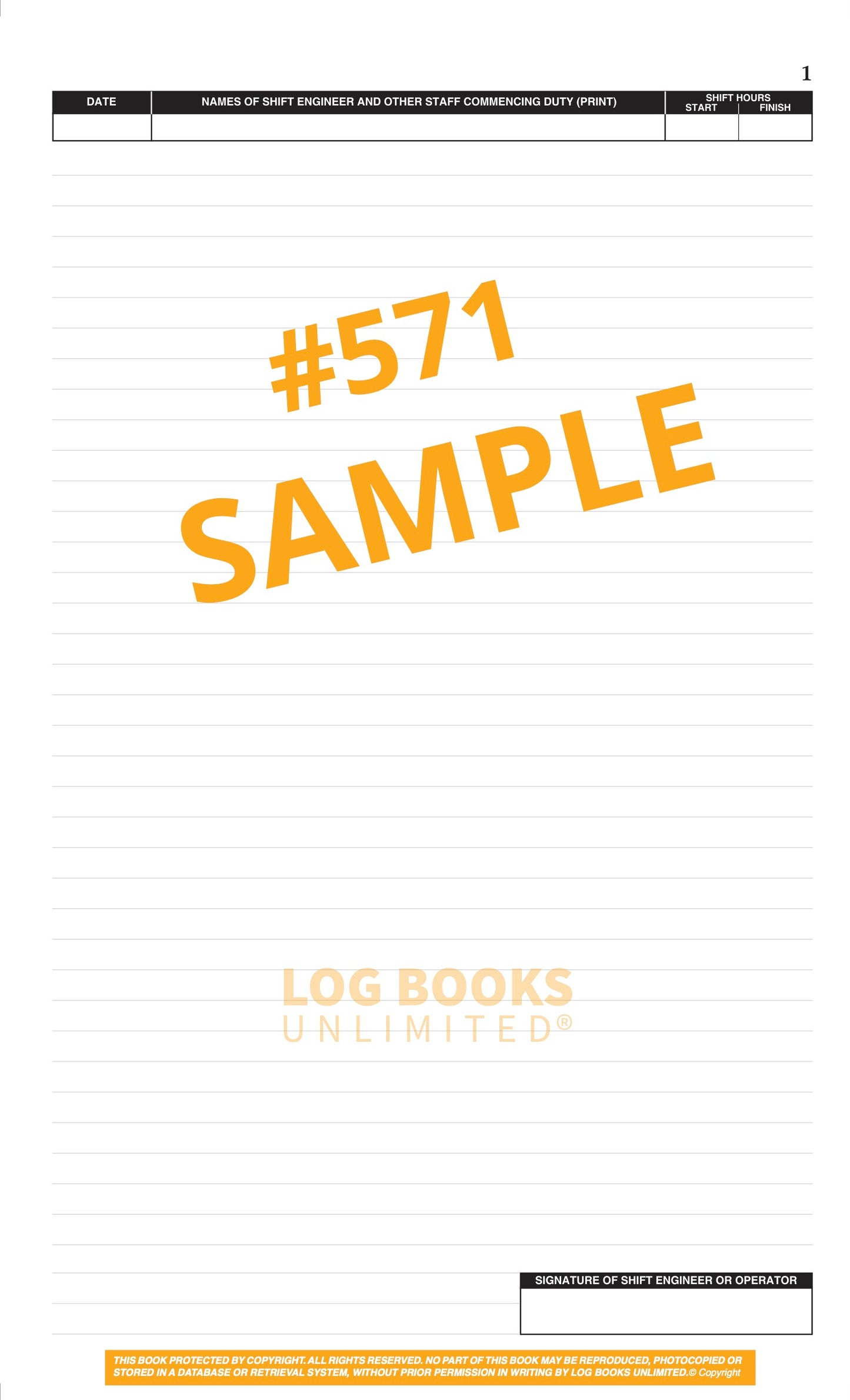 Engineers (1 Shifts per page) Log Book #571 Sample Page