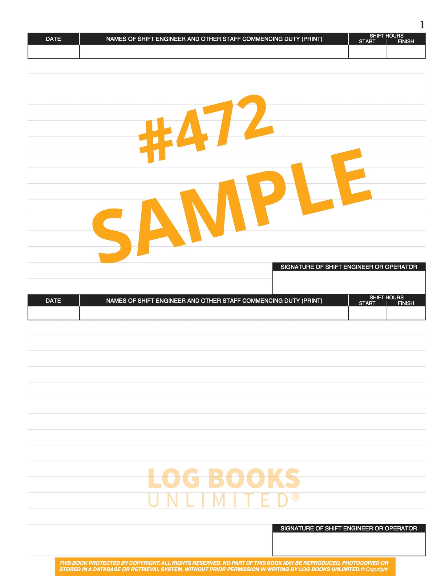 Engineers (2 Shifts per page) Log Book #472 Sample Page