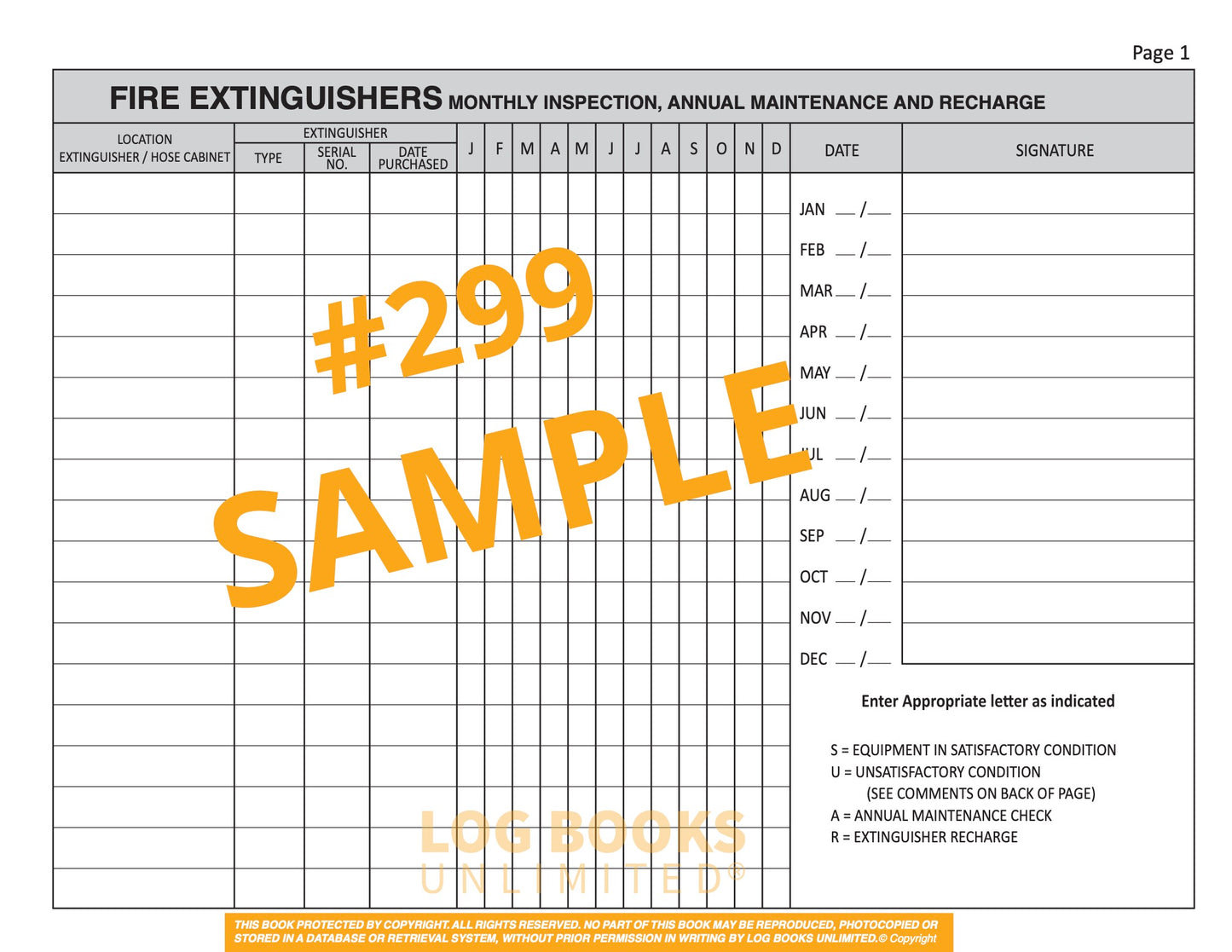Fire Extinguisher Log Book #299 Sample Page