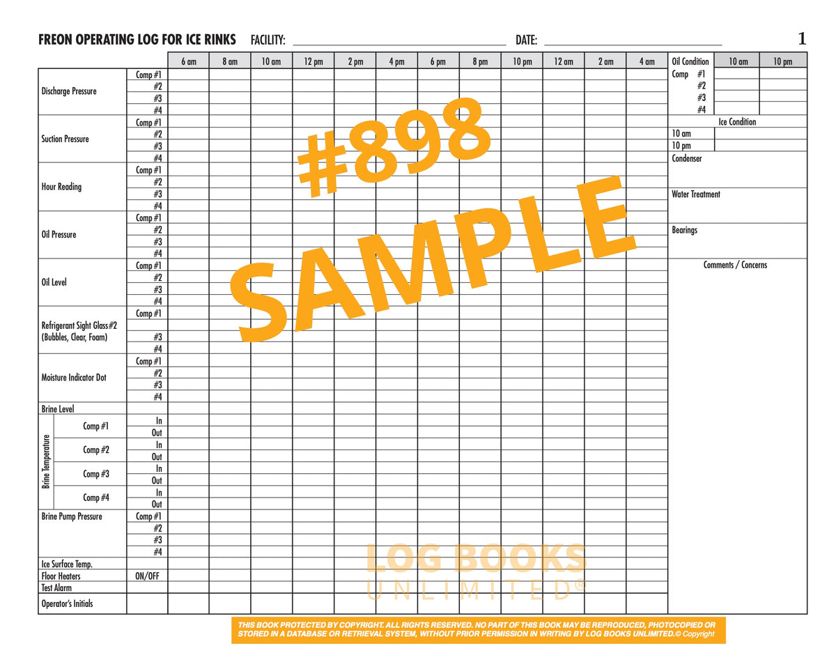 Freon Log Example Ice Rink / Refrigeration Log Book (4 Compressors - Freon) #898 – Log ...