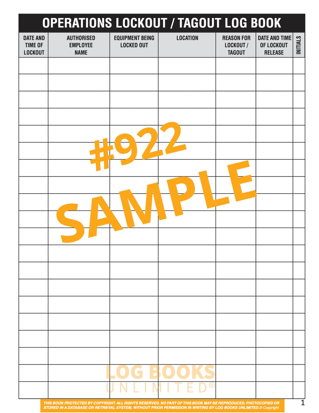Example Lockout Register Lock-Out / Tag-Out Log Book #922 – Log Books Unlimited