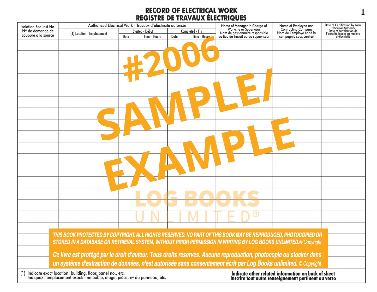 Record of Electrical Work Log Book (Bi-lingual) #2006 Sample Page 1