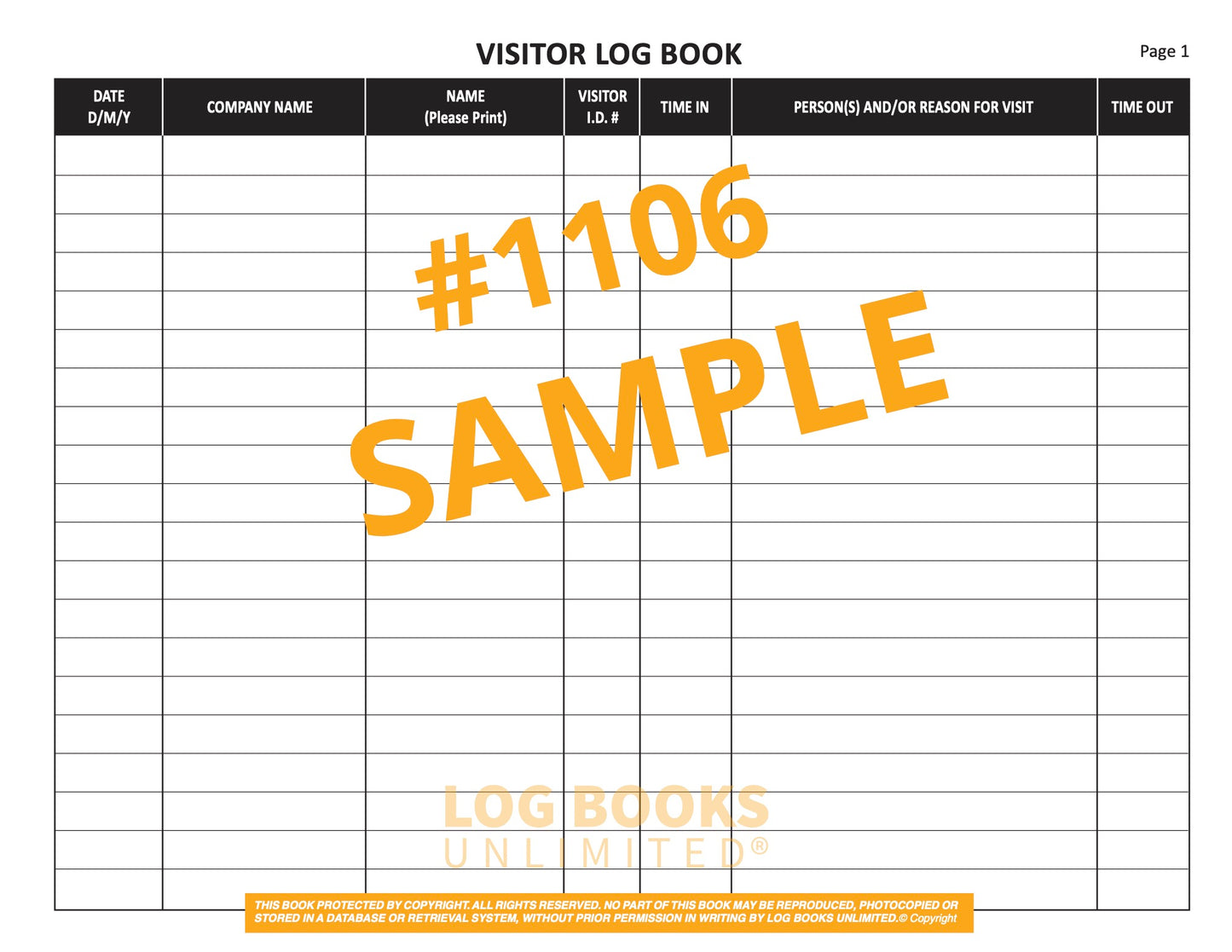 Visitor Log Book #1106 Sample Page